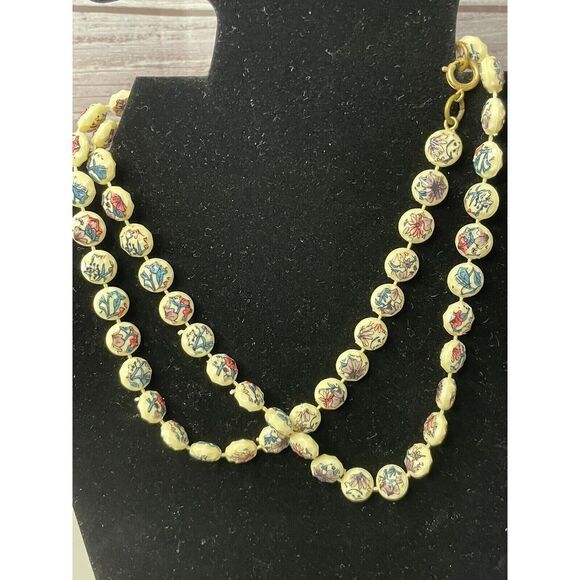 Vintage Jewelry - Vintage Asian Hand Painted Floral Oriental Beaded Necklace Long White Colorful